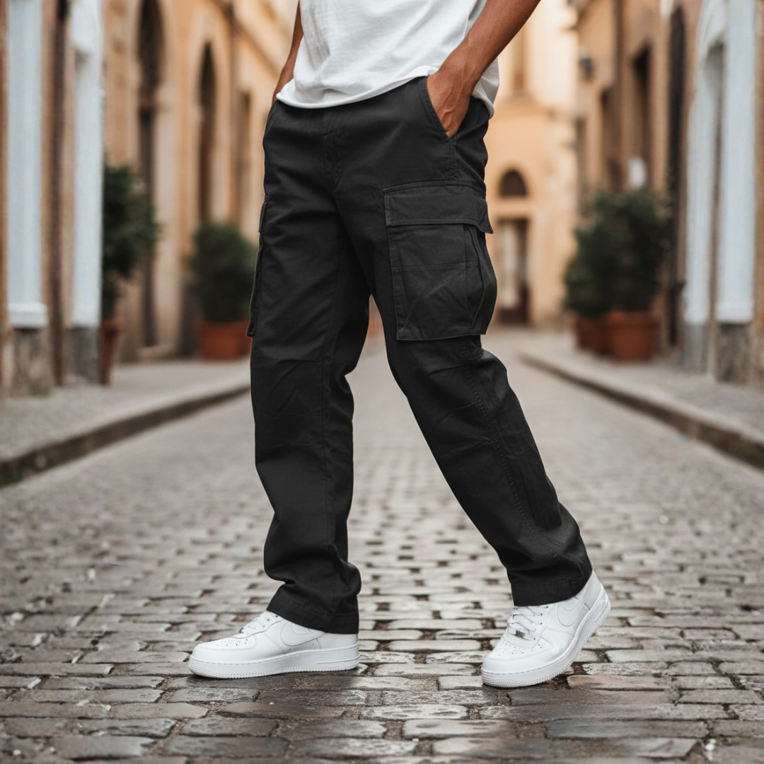 Men's olive cargo pants lightweight polyester relaxed fit with multiple side pockets for outdoor wear