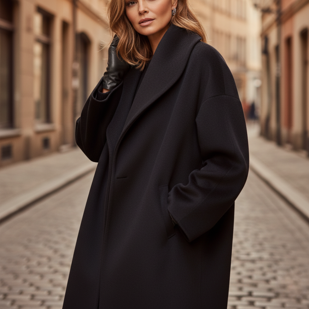 Long women's elegant winter coat, belt-free classic cut with button closure, loose flattering silhouette