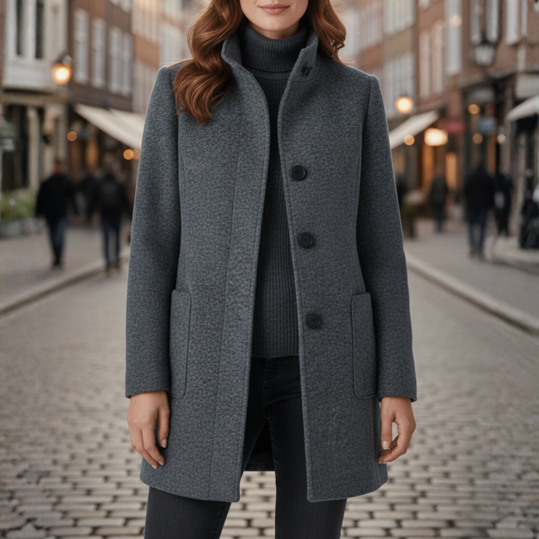 Women's polyester winter coat with black buttons, side pockets, versatile silhouette for casual or formal wear