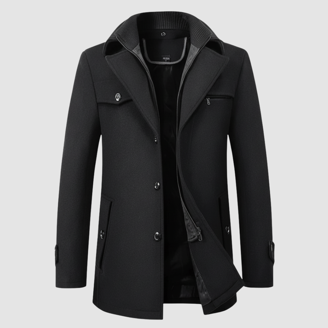 Men's high collar button-front coat, warm durable outerwear with chest and side pockets for cold weather