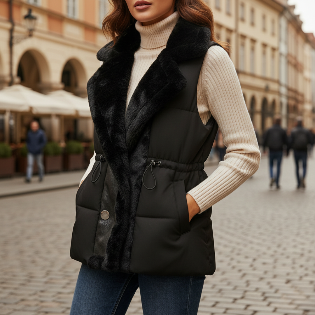 Women's padded vest faux fur collar button closure side pockets lightweight cold-weather layer