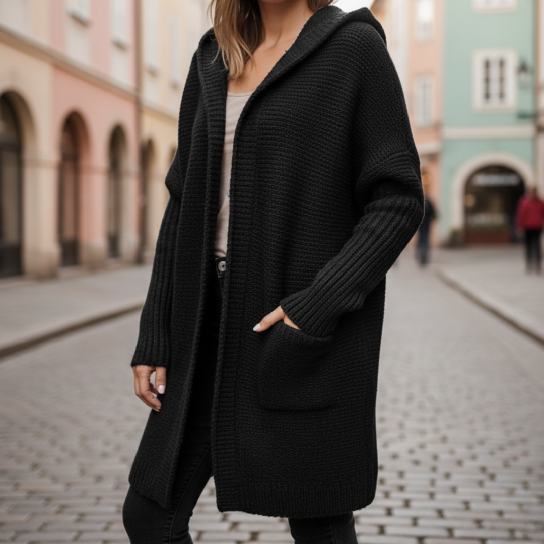Women's hooded cardigan cozy loose fit neutral tone with functional side pockets for casual everyday wear