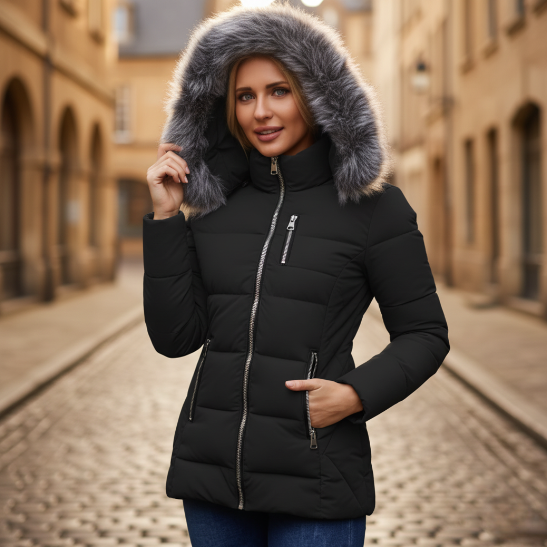 Women's windproof down jacket with removable faux fur hood, thermal insulation, tailored silhouette