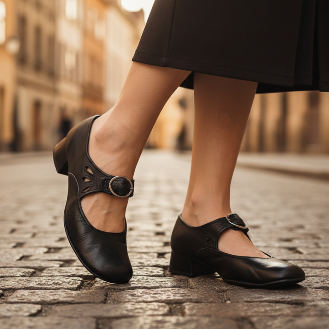 Women's eco-leather low heel shoes with buckle strap in black, brown, navy, or red for office wear