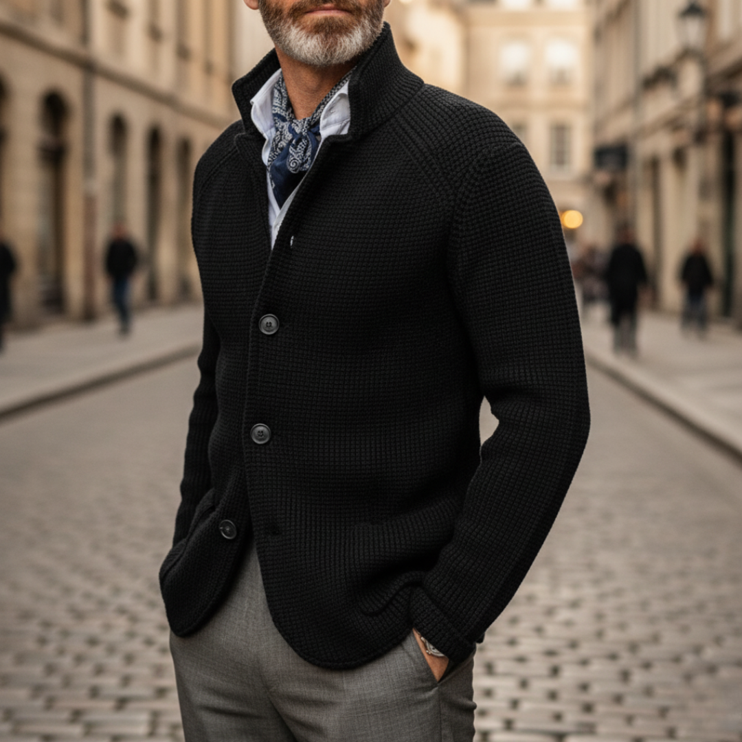 Men's winter button-front cardigan sweater, soft knit fabric, classic fit for office and casual wear