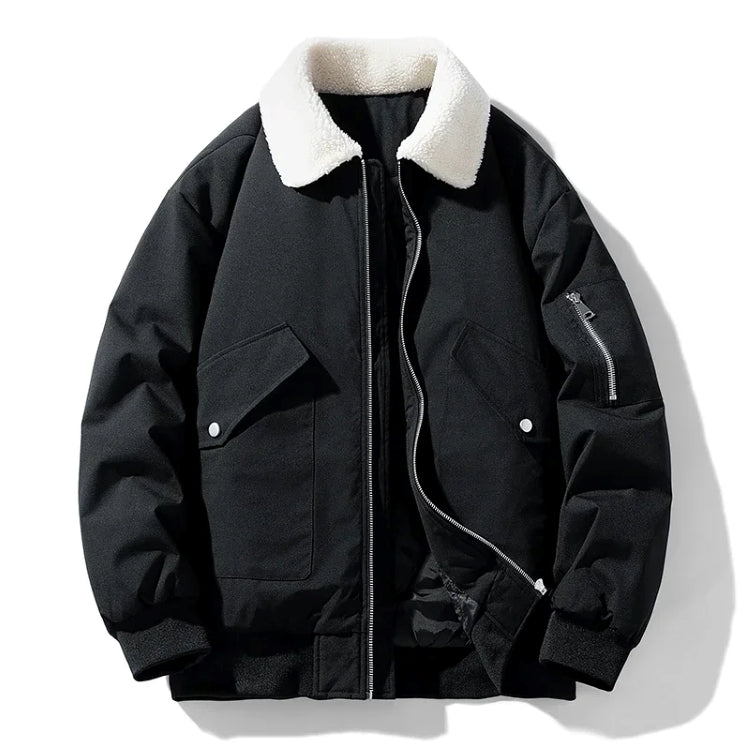 Unisex sherpa-lined flight jacket quilted warmth white faux fur collar cargo pockets bold style