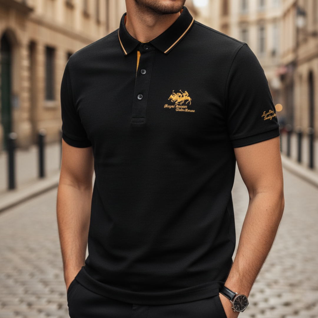 Men's classic regular fit polo shirt with ribbed collar and contrasting striped sleeve detail