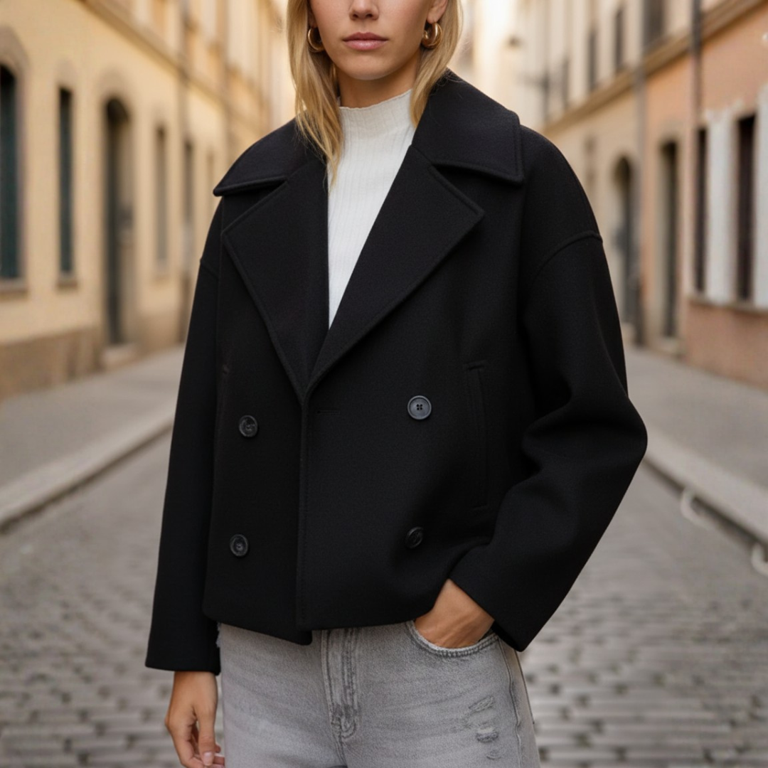Women's cropped double-breasted jacket mixed fabric classic lapels structured everyday fit
