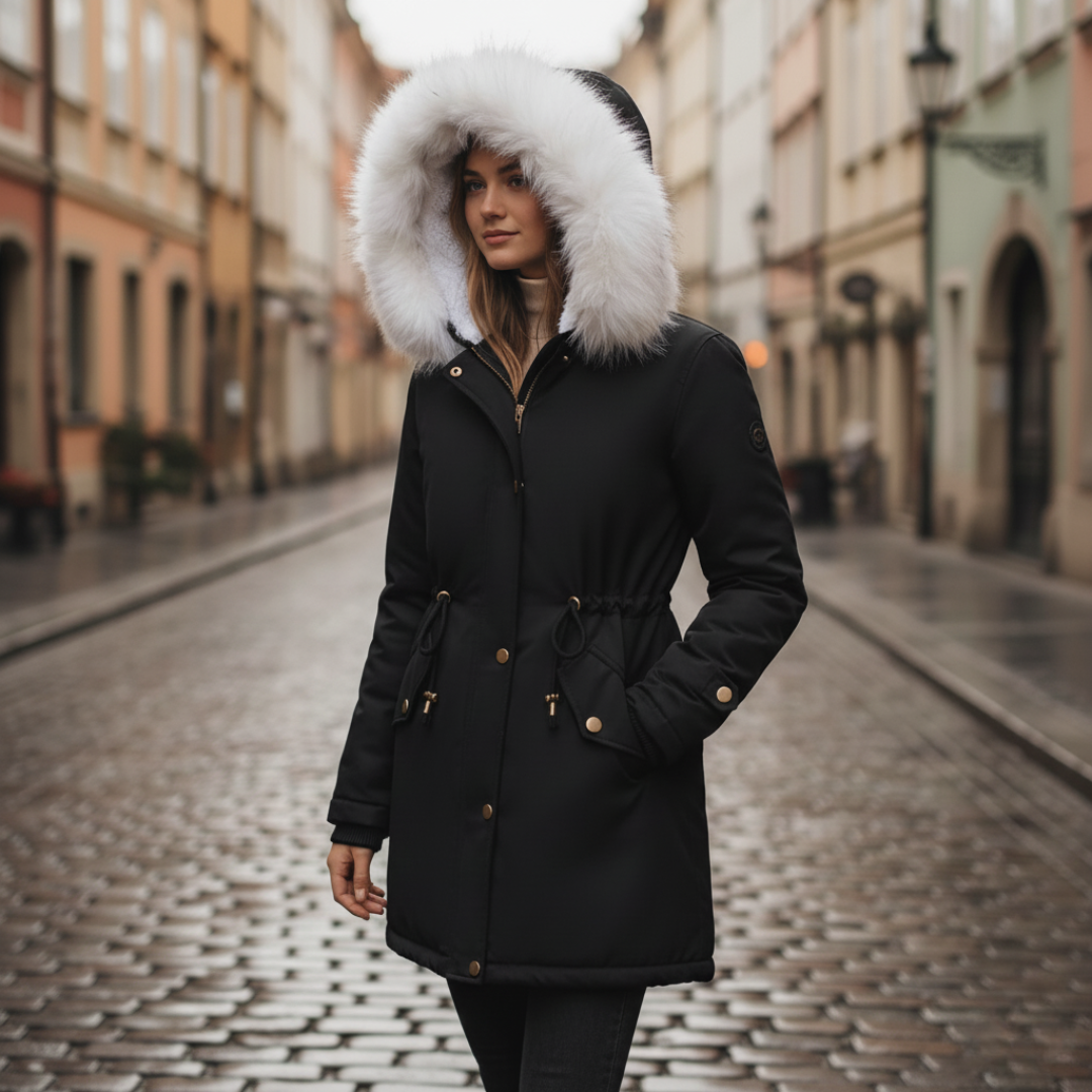 Women's long waterproof winter coat with fur-lined hood, insulated cold-weather jacket