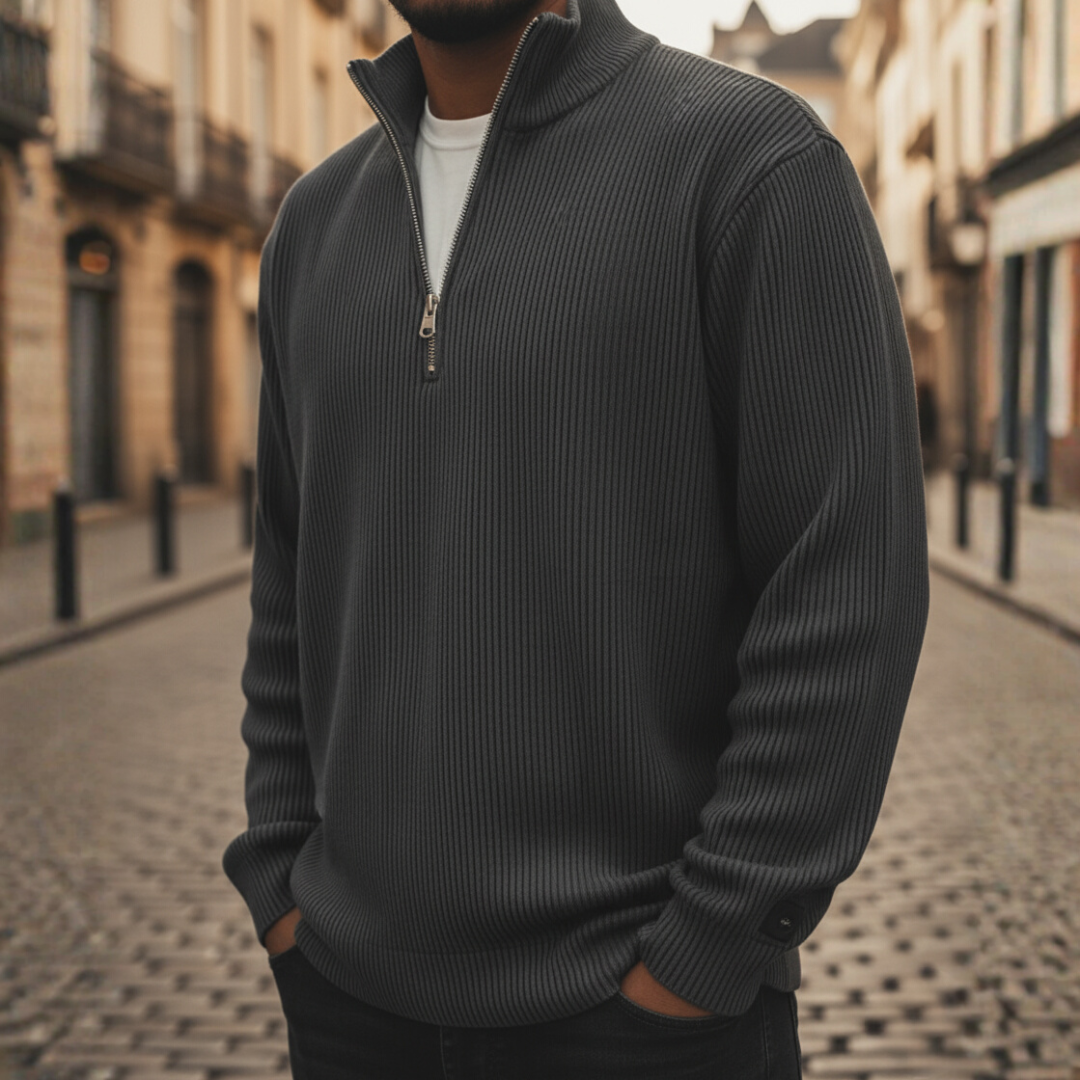 Men's ribbed knit high neck zip sweater casual soft comfortable everyday autumn winter style