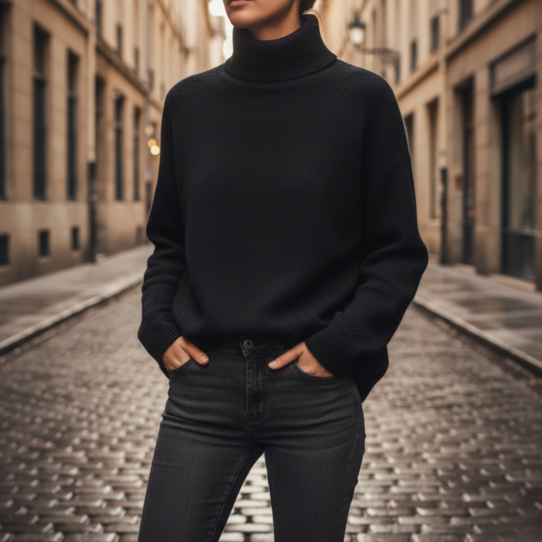 Women's cozy knit turtleneck sweater relaxed silhouette long sleeves autumn winter wardrobe essential