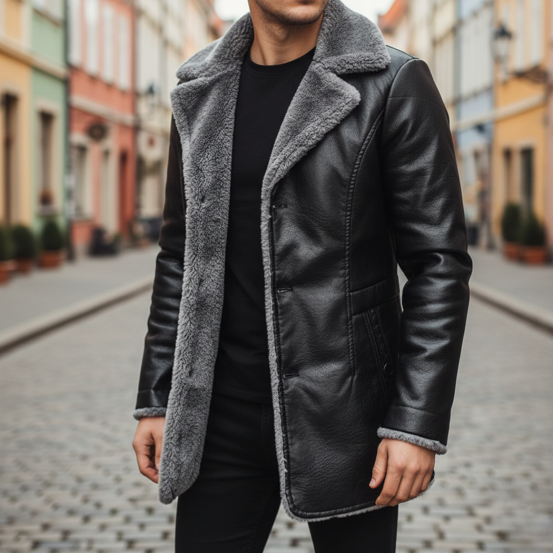 Men's insulated winter jacket leather-effect mixed fabric lined everyday wear cold weather coat