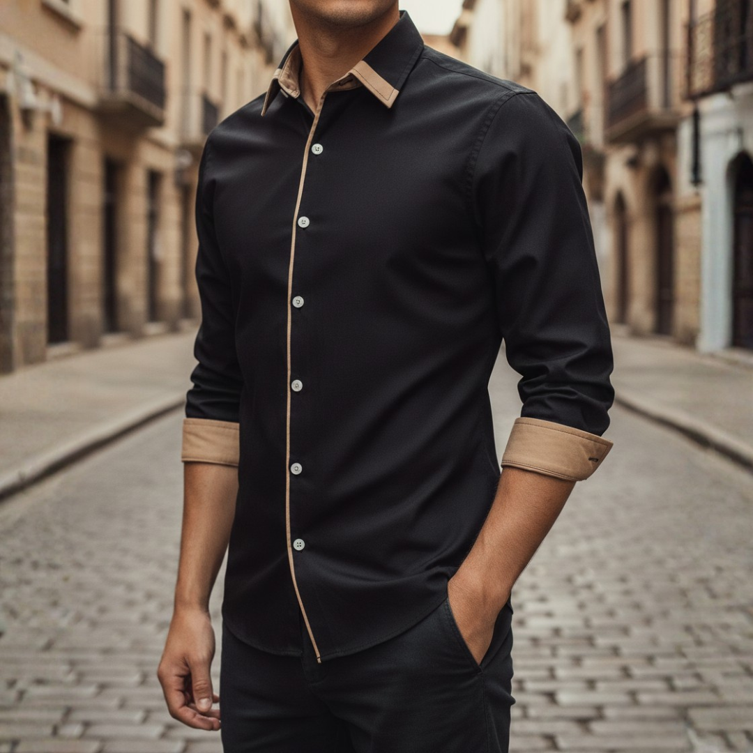 Men's black polyester casual shirt with contrast collar and buttons, modern slim silhouette