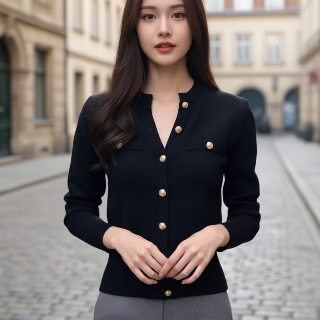 Women's mixed fabric cardigan with front buttons, structured silhouette for polished office style