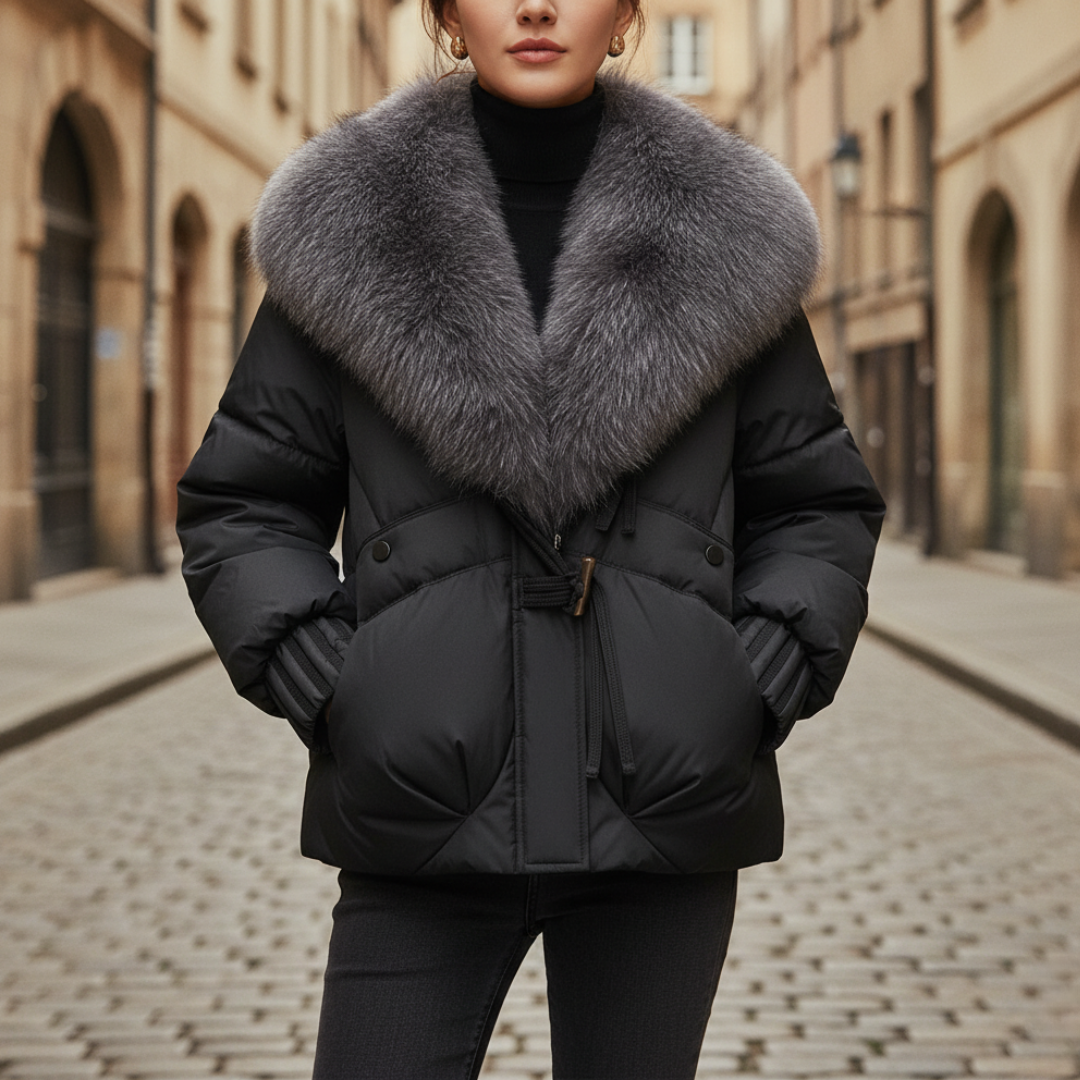 Women's short quilted down jacket black faux fur collar zip closure adjustable waist winter coat