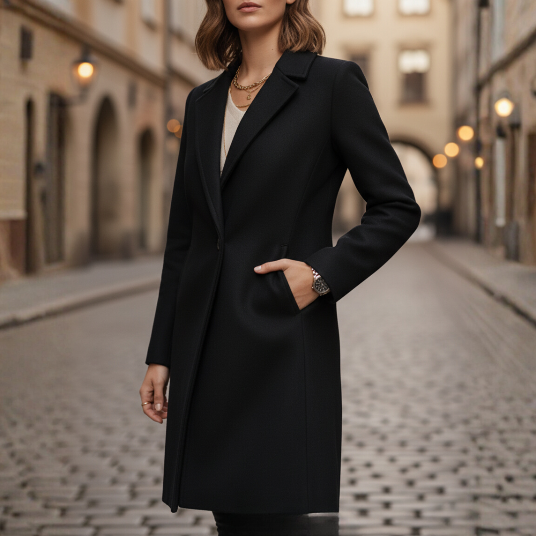 Women's elegant long coat in apricot beige black or brown warm refined fabric versatile formal casual wear