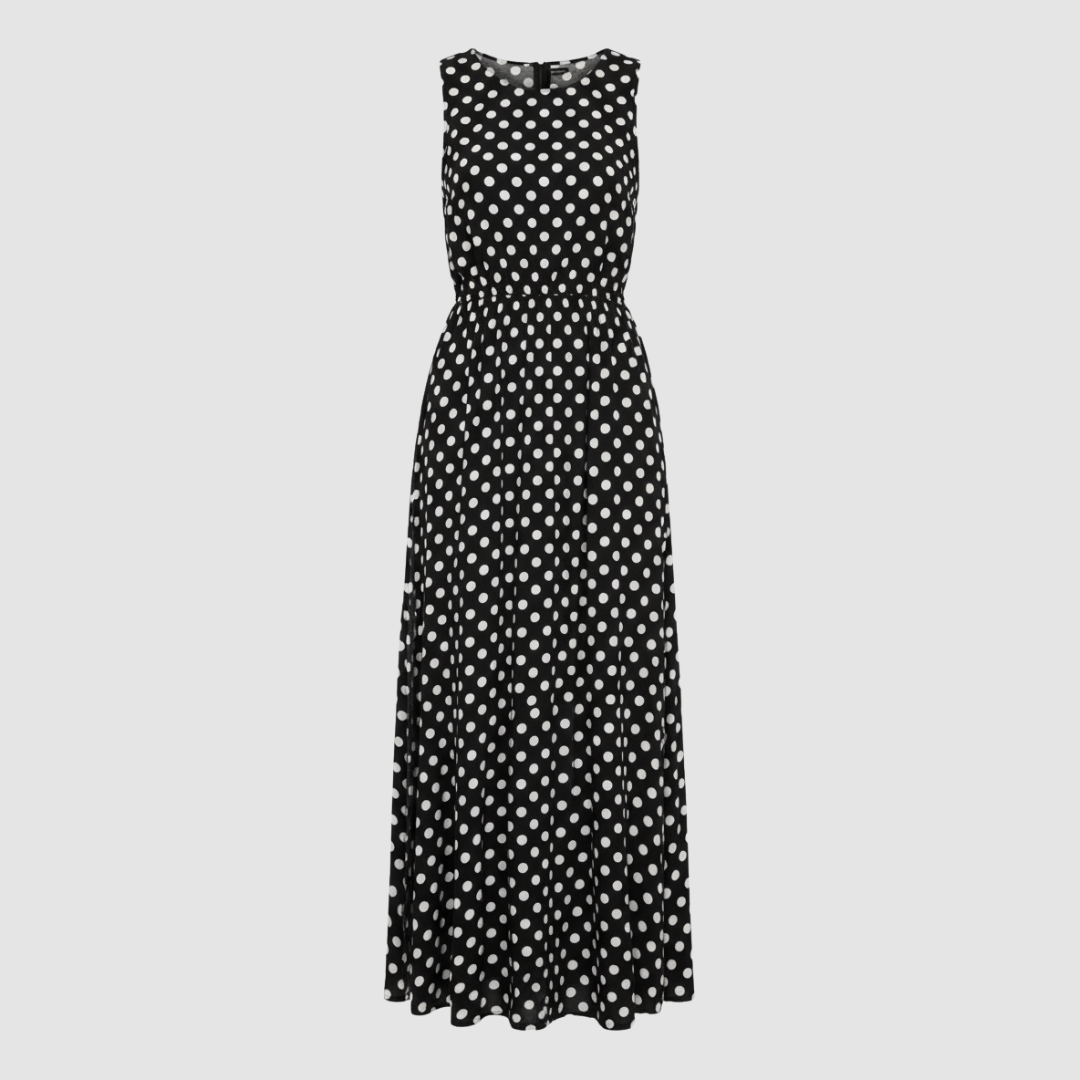 Women's black white polka dot long dress with flattering waistband, elegant versatile silhouette