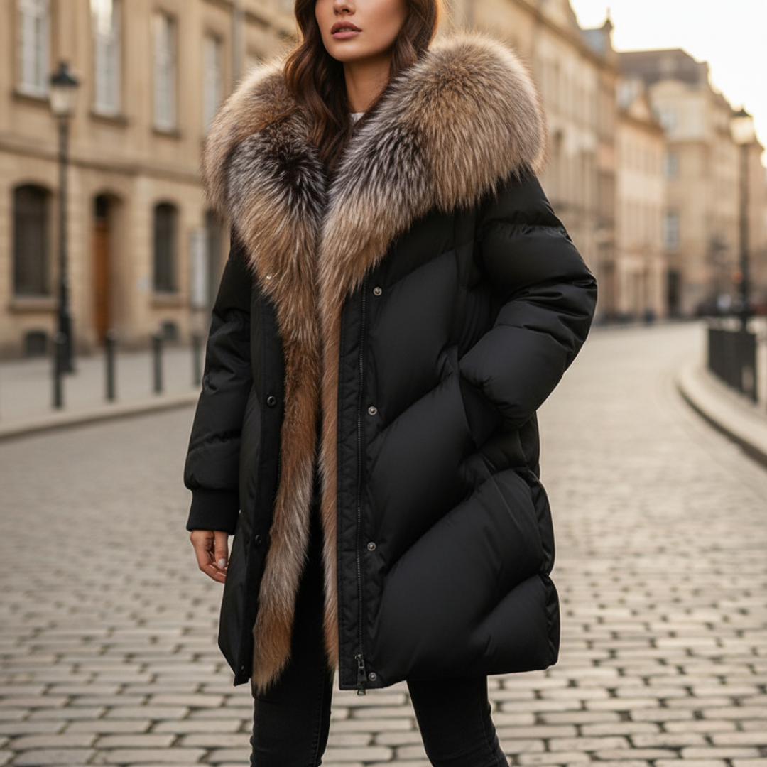 Women's padded down jacket technical fabric lightweight silhouette with wide synthetic fur collar
