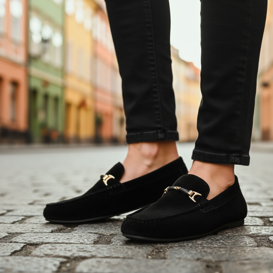 Men's leather moccasins with decorative buckle, available in seven colors for versatile everyday comfort