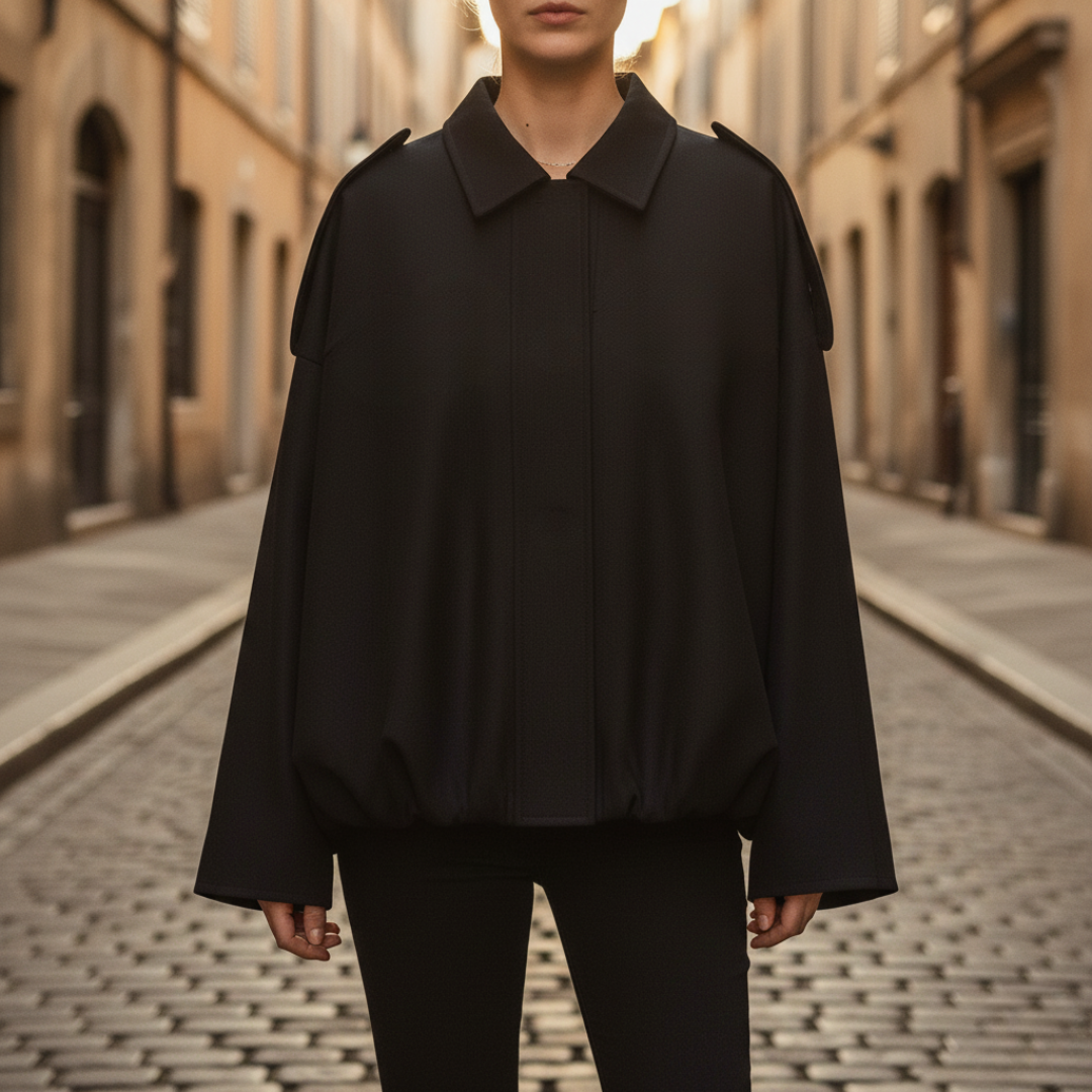 Oversized women's mixed fabric jacket relaxed fit structured silhouette for professional layering