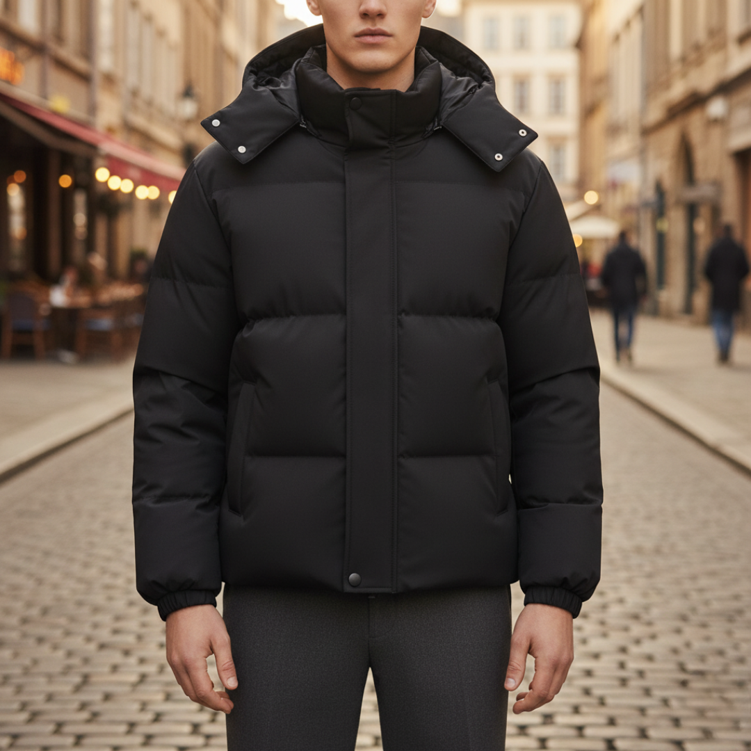Men's lightweight hooded down jacket in polyester, casual winter style with side pockets