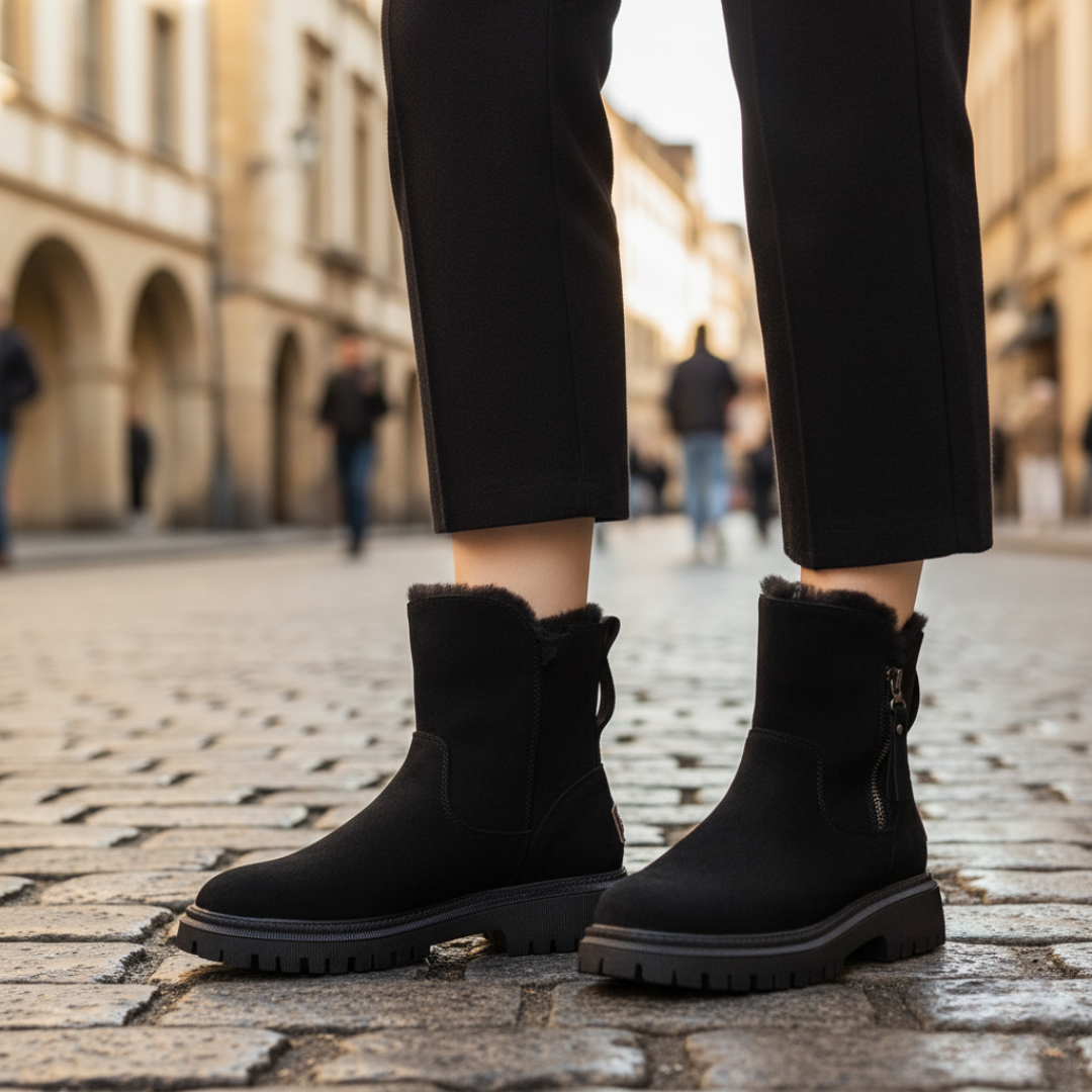 Women's ankle boots with side zipper and plush fur lining, cozy casual chic cold weather style