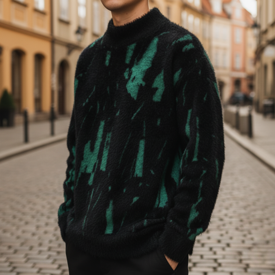 Men's turtleneck sweater abstract pattern relaxed fit cozy stylish casual layer for cooler days