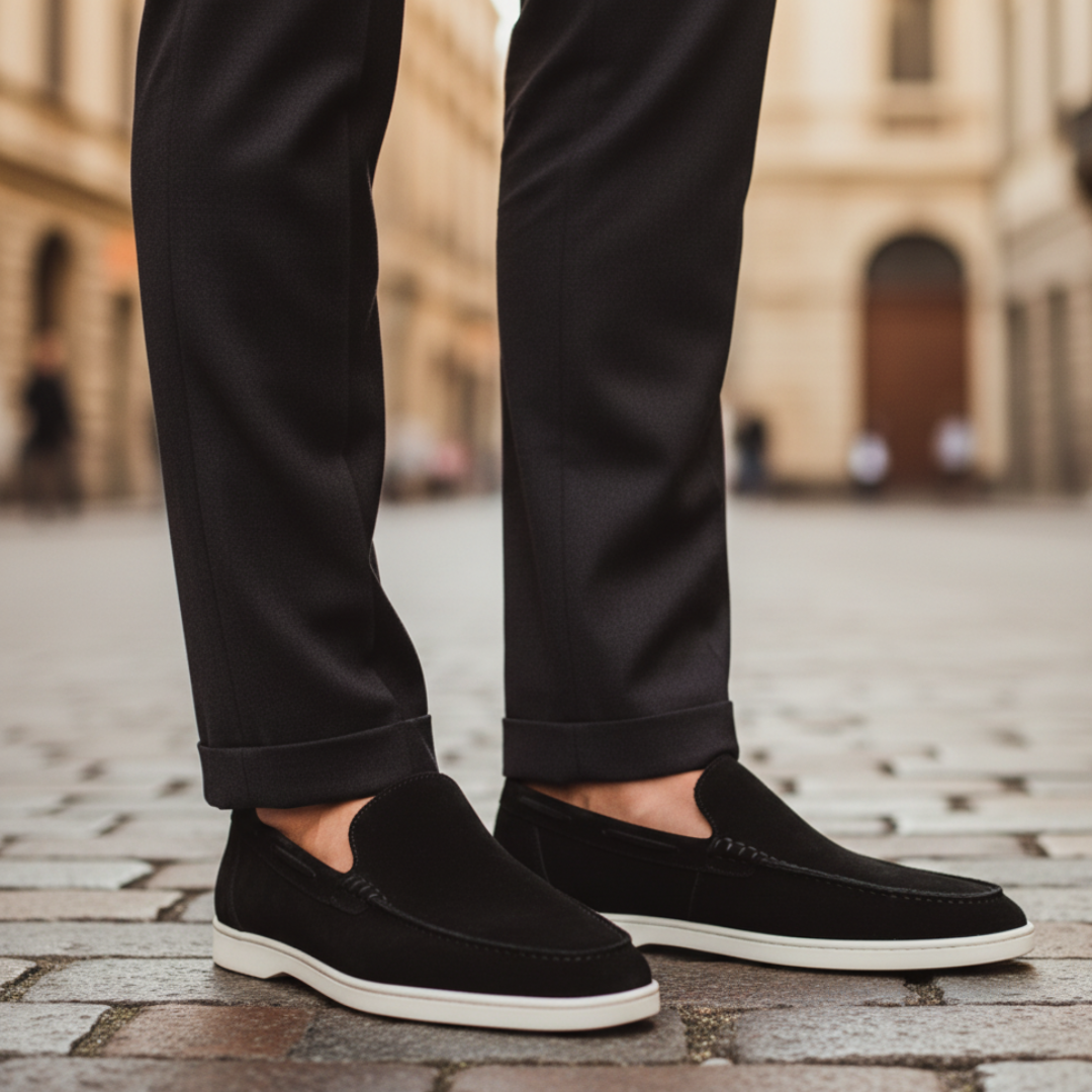 Men's suede slip-on moccasin loafers with rubber sole, casual comfort style and visible stitching