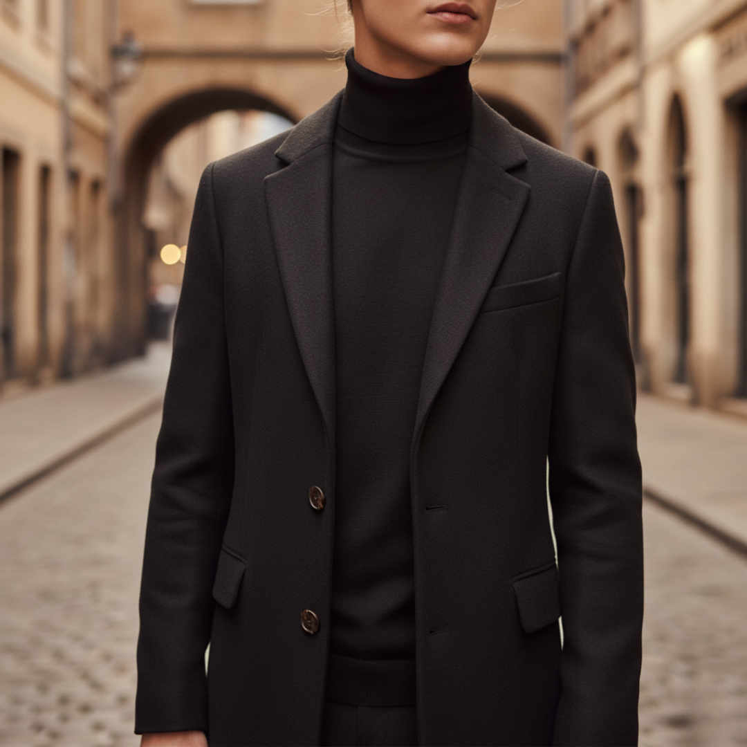 Men's tailored single-breasted winter coat with notch lapels and thermal insulation for cold days