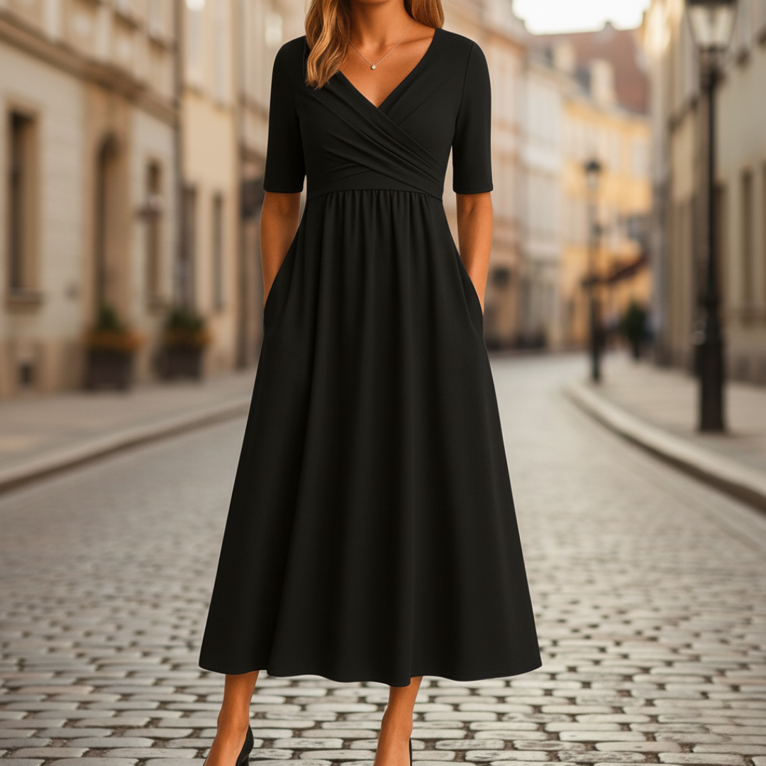 Women black pleated midi dress with crossed V-neck, flared silhouette, and side pockets