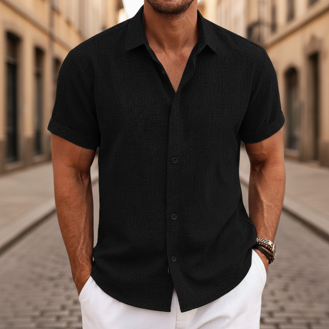 Men's short sleeve casual shirt lightweight breathable blended fabric subtly textured weave everyday comfort