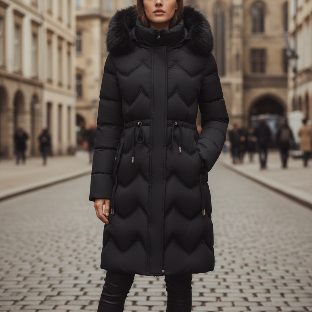 Black waterproof women's down jacket with fur-trim hood for winter wind and rain protection