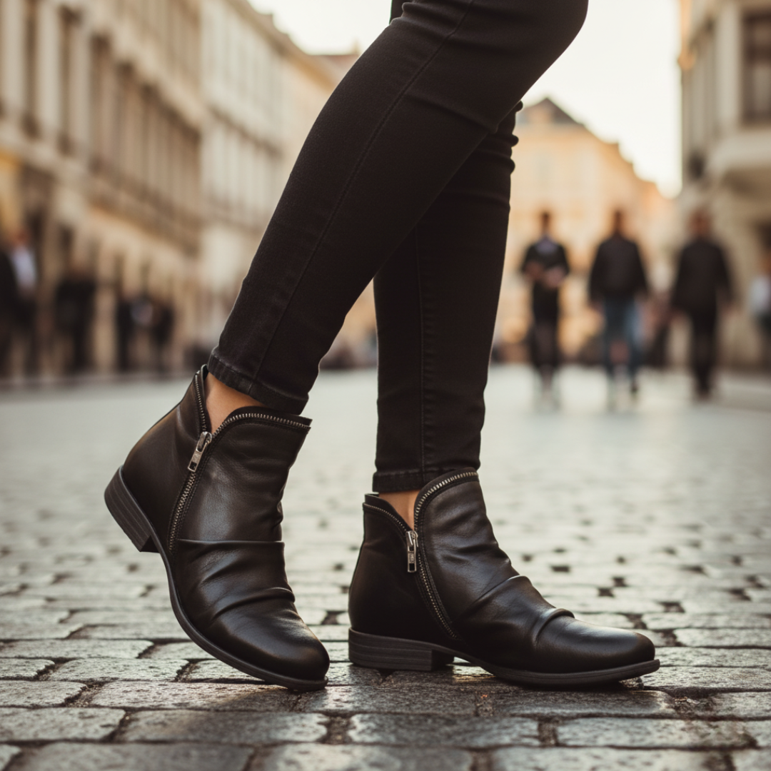 Women's black ankle boots with side zipper, elegant silhouette, casual versatile everyday style