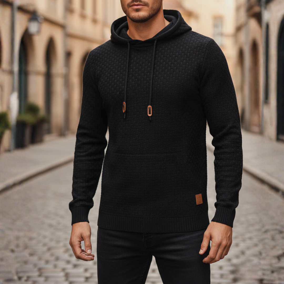 Men's beige polyester hoodie sweatshirt with adjustable hood and front kangaroo pocket casual fit