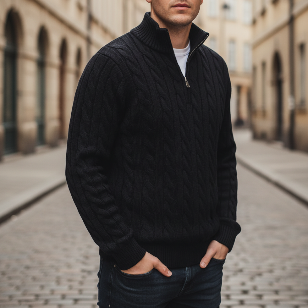 Men's cable knit half-zip turtleneck sweater in classic style with textured all-over pattern