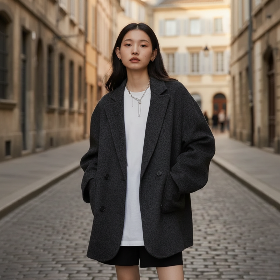 Women's warm fabric jacket classic collar beige black green gray versatile casual professional wear
