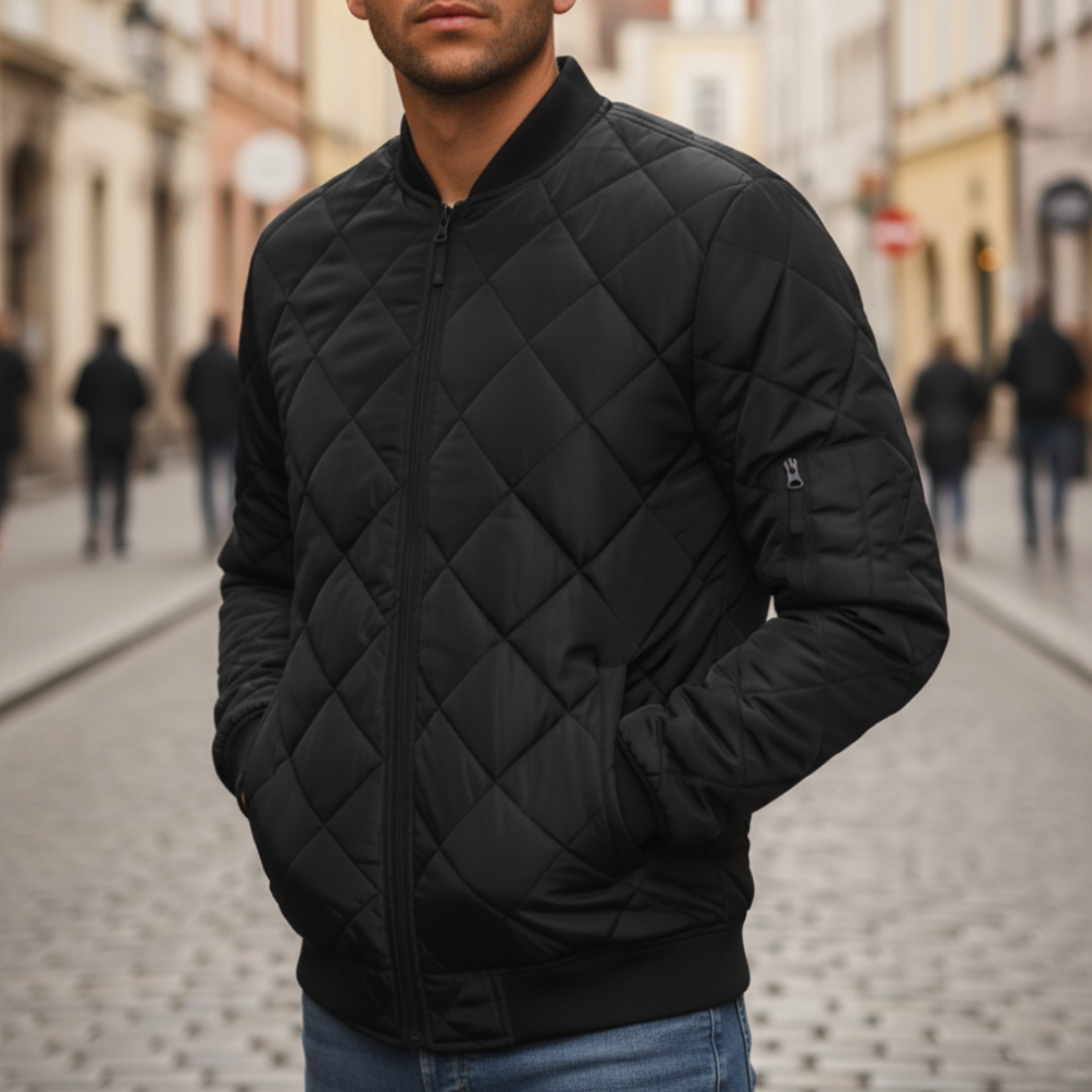 Men's blue lightweight synthetic bomber jacket with slim silhouette and insulated padding for winter