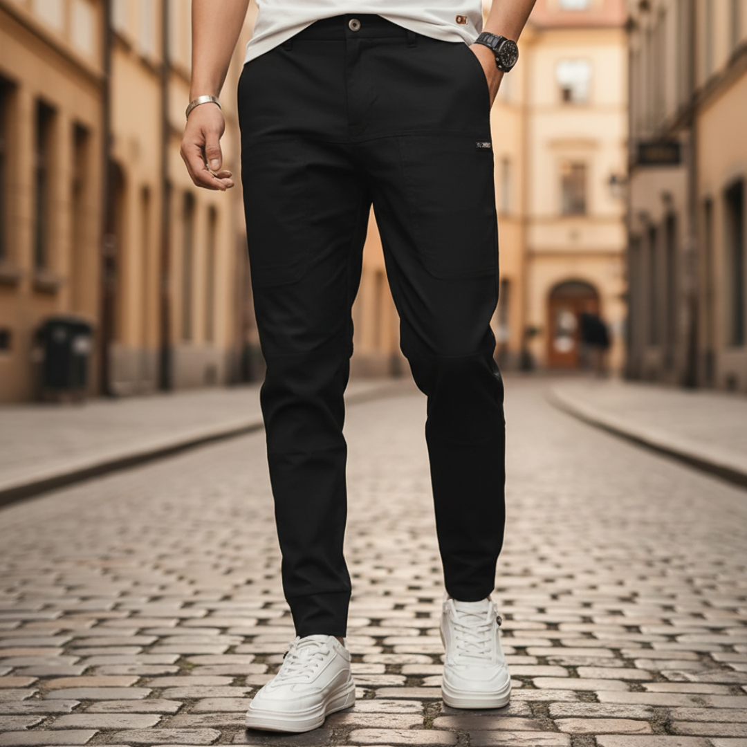 Men's casual gray polyester pants modern cut elastic waist everyday comfort durable easy care