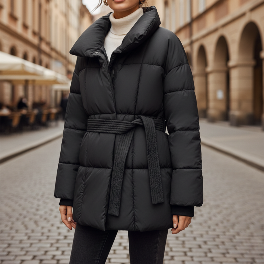 Women's belted winter jacket in white black or brown with hood and soft warm inner lining