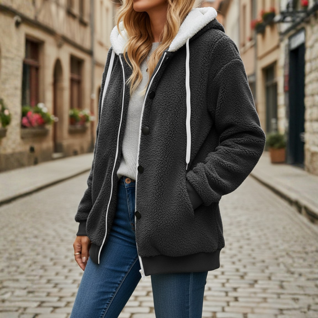 Women's soft hooded jacket with full-length zipper, side pockets, casual everyday fit