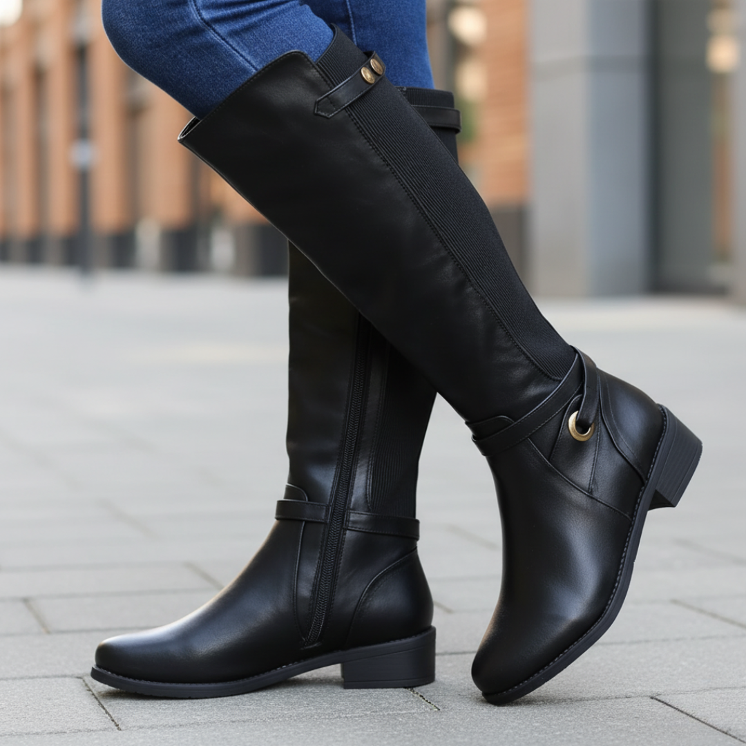 Women's tall orthopedic boots in brown, side zip closure, buckle details, ergonomic support design