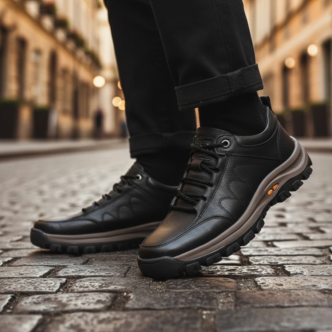 Men's durable leather casual shoes in black and brown with sturdy sole and lace-up design
