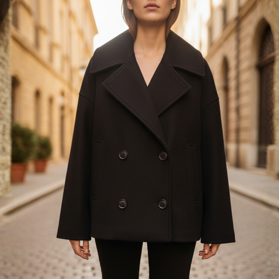Women's short double-breasted mixed-material jacket with wide lapels, structured fit, versatile everyday style