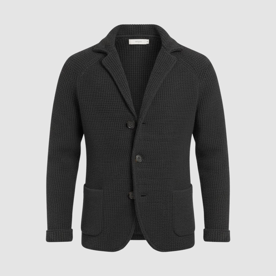 Men's navy honeycomb knit blazer notched collar two-button closure textured mid-weight unlined jacket