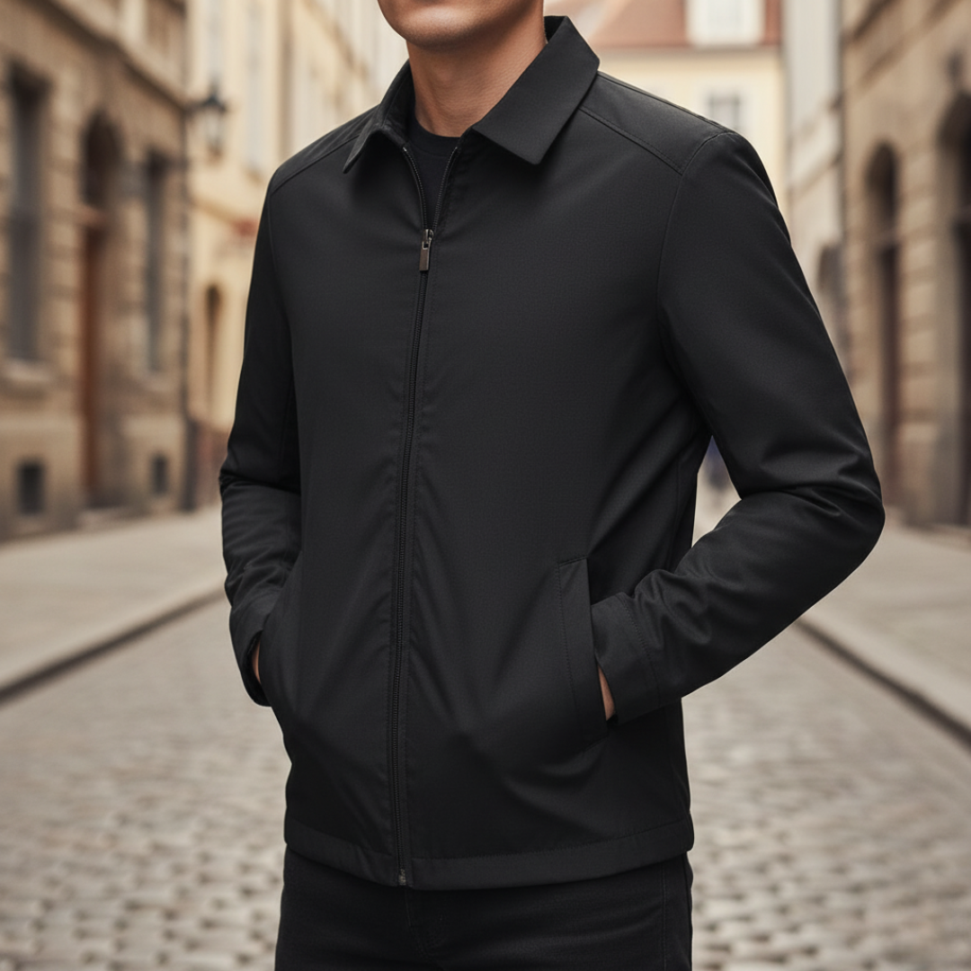 Men's casual zip-up long sleeve jacket in black, green or blue with clean versatile silhouette