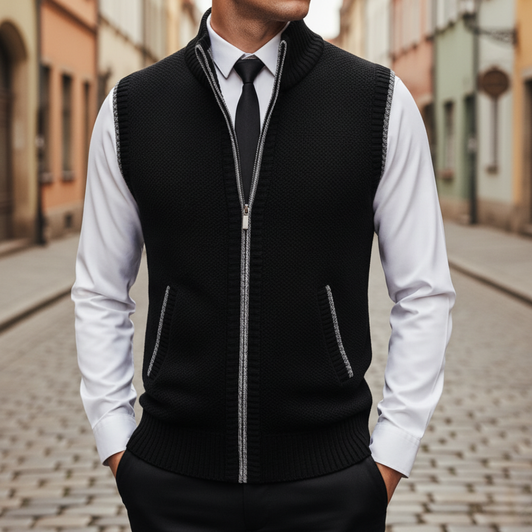 Men's wool zip-up sweater vest high collar gray black maroon slim layering piece