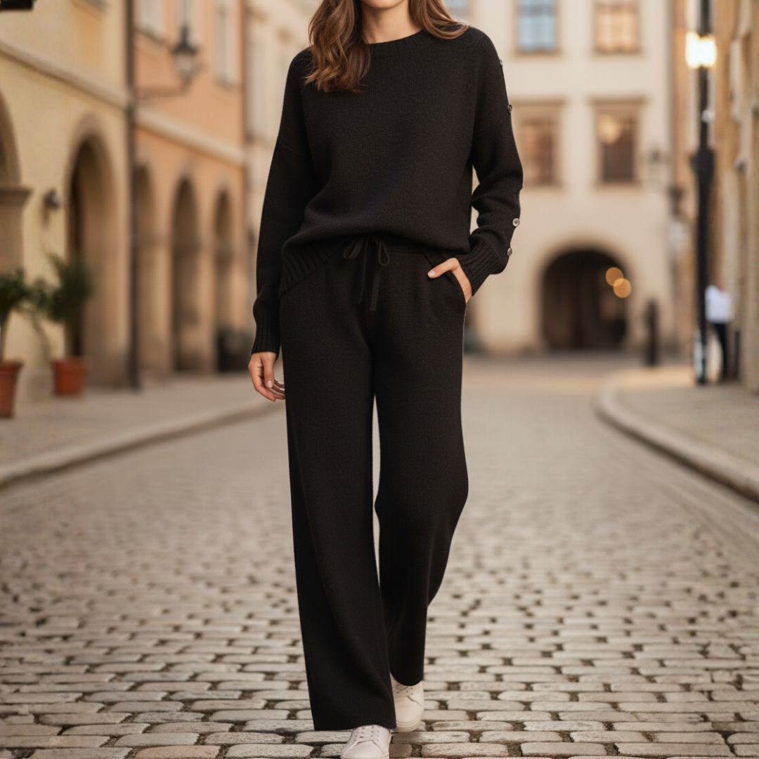 Women's cozy knit lounge set round neck sweatshirt elastic waist pants relaxed fit two-piece
