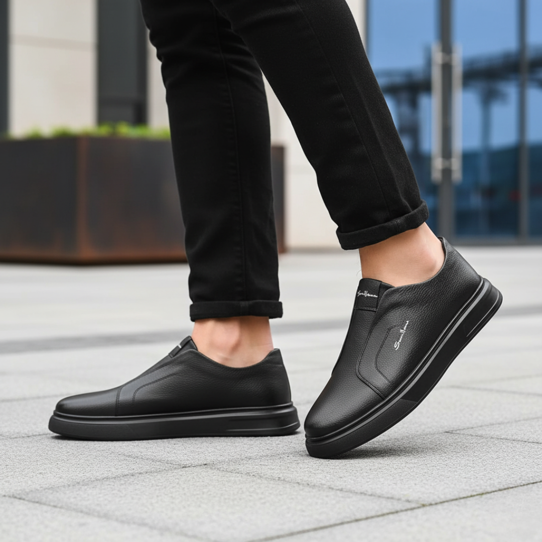 Black slip-on orthopedic sneaker for men with plantar support and cushioned sole daily comfort