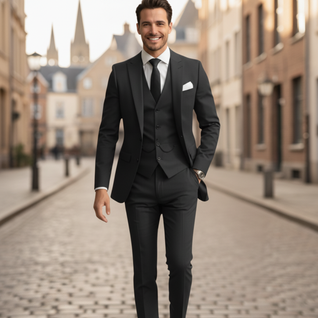 Men's slim fit two-piece suit set in classic black, navy, or grey for formal events and weddings