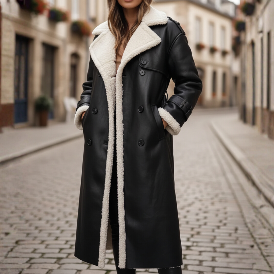 Women's beige synthetic leather long coat with faux fur hood, double-breasted warm winter style